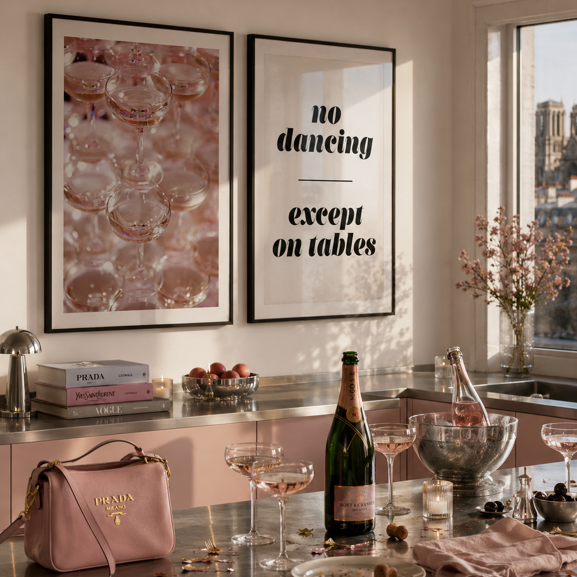Modern kitchen with Prada handbag, champagne bottle, and decor items near a window with cityscape view.