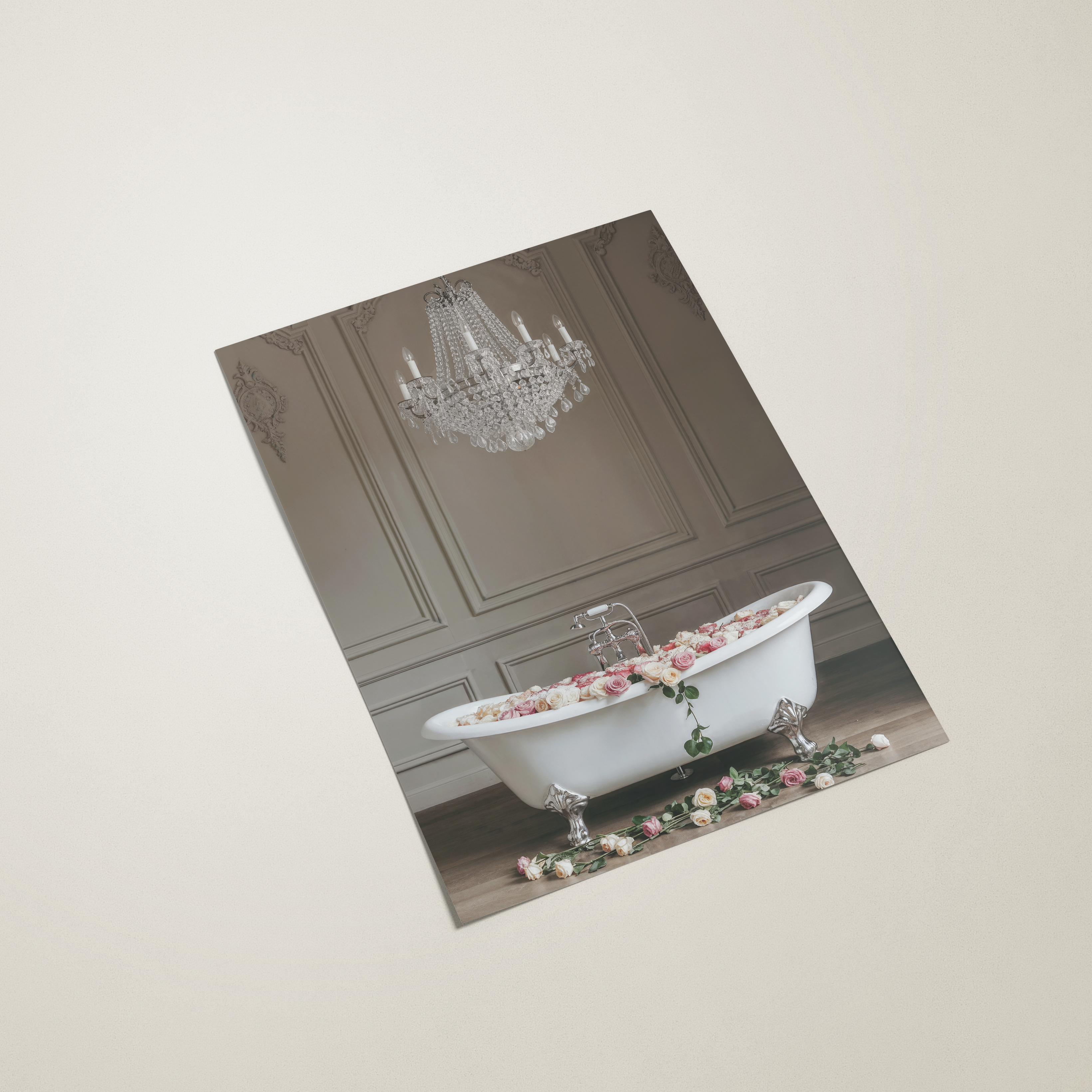 picture of a bathroom with a bathtub and chandelier on a beige background