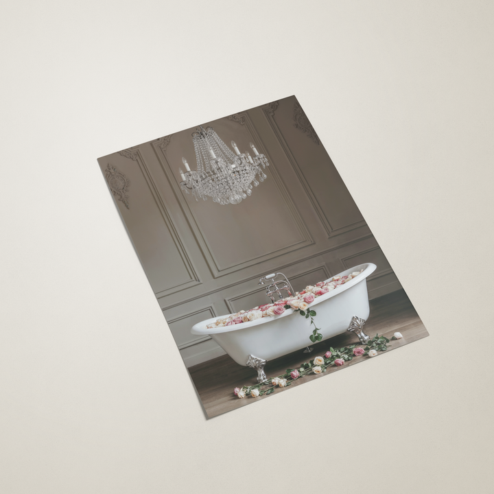 picture of a bathroom with a bathtub and chandelier on a beige background