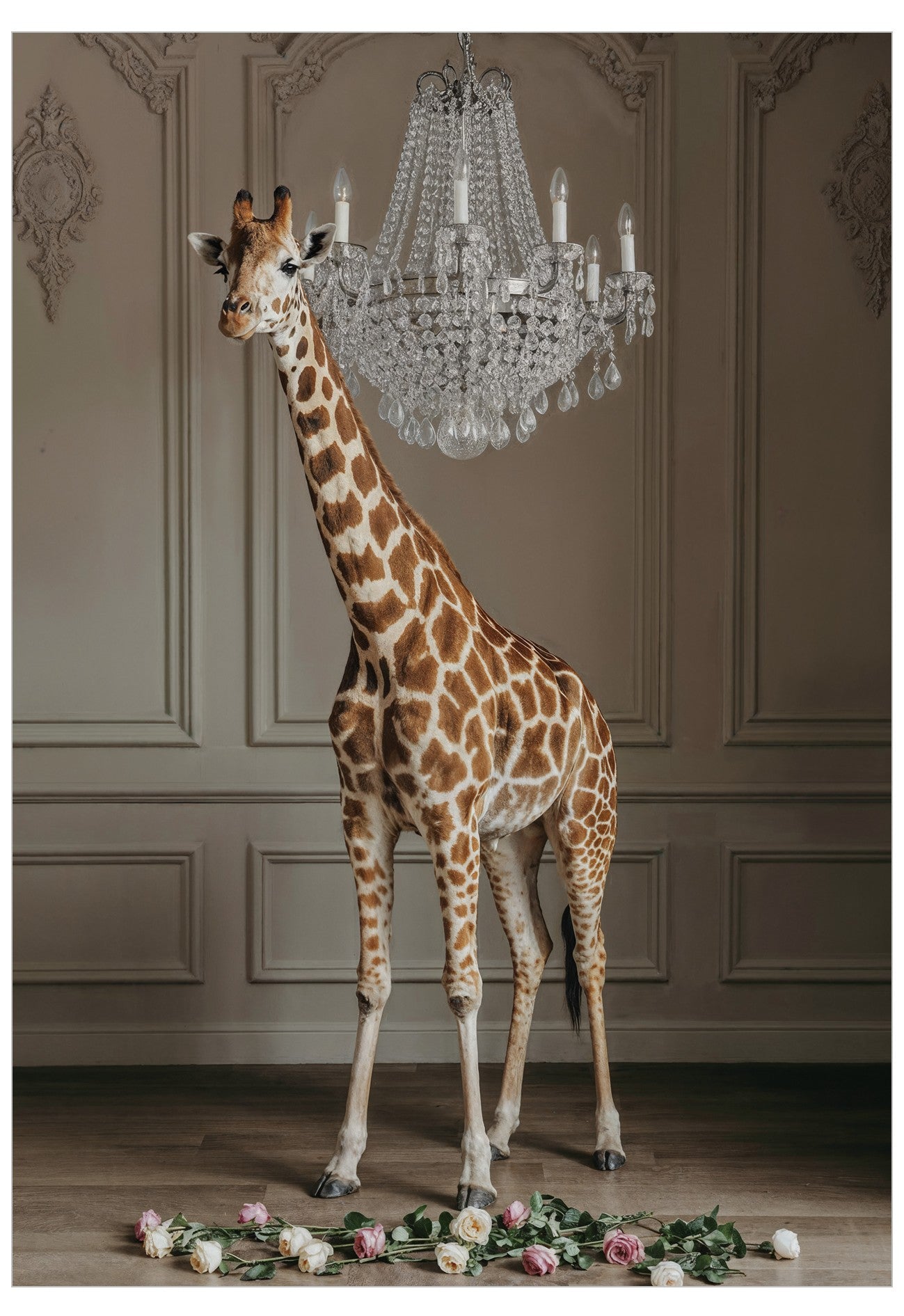 Giraffe standing in a room with a chandelier and decorative wall.