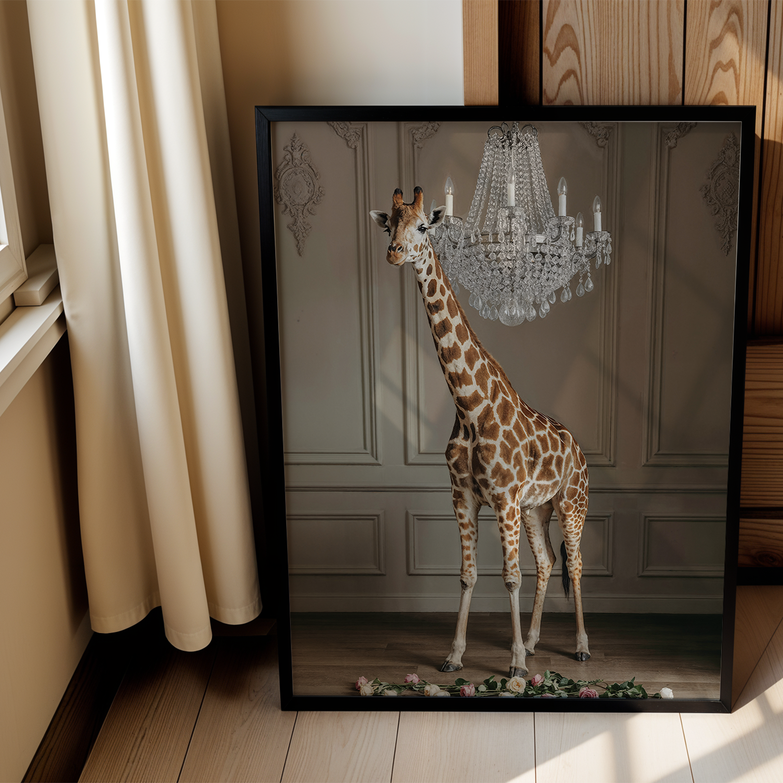 Framed picture of a giraffe with a chandelier in a room with wooden walls and a window.