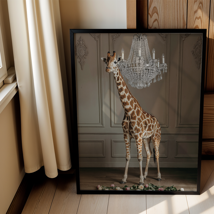 Framed picture of a giraffe with a chandelier in a room with wooden walls and a window.