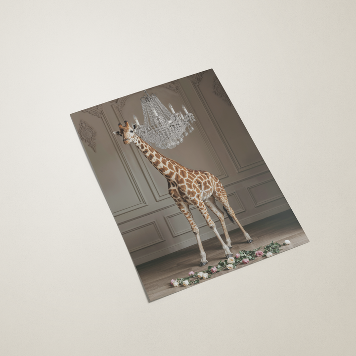 Giraffe standing in a room with a chandelier on a decorative card