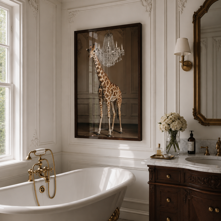 Luxurious bathroom with freestanding bathtub, wooden vanity, and framed picture of a giraffe.