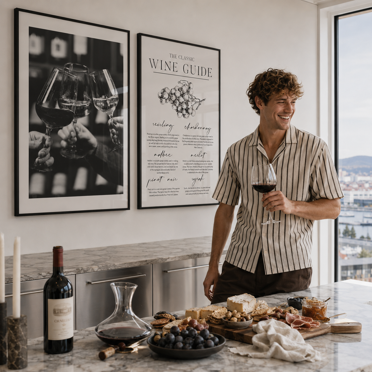 Man holding a glass of wine in a kitchen with wine-related decor and food.
