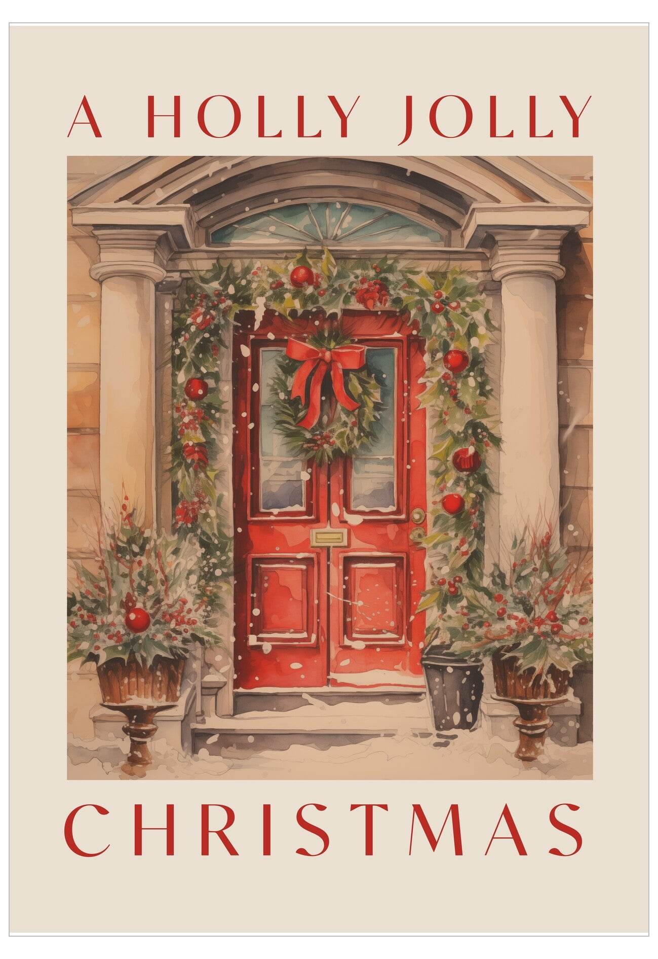 Decorative Christmas card with a red door, wreath, and festive decorations on a beige background.
