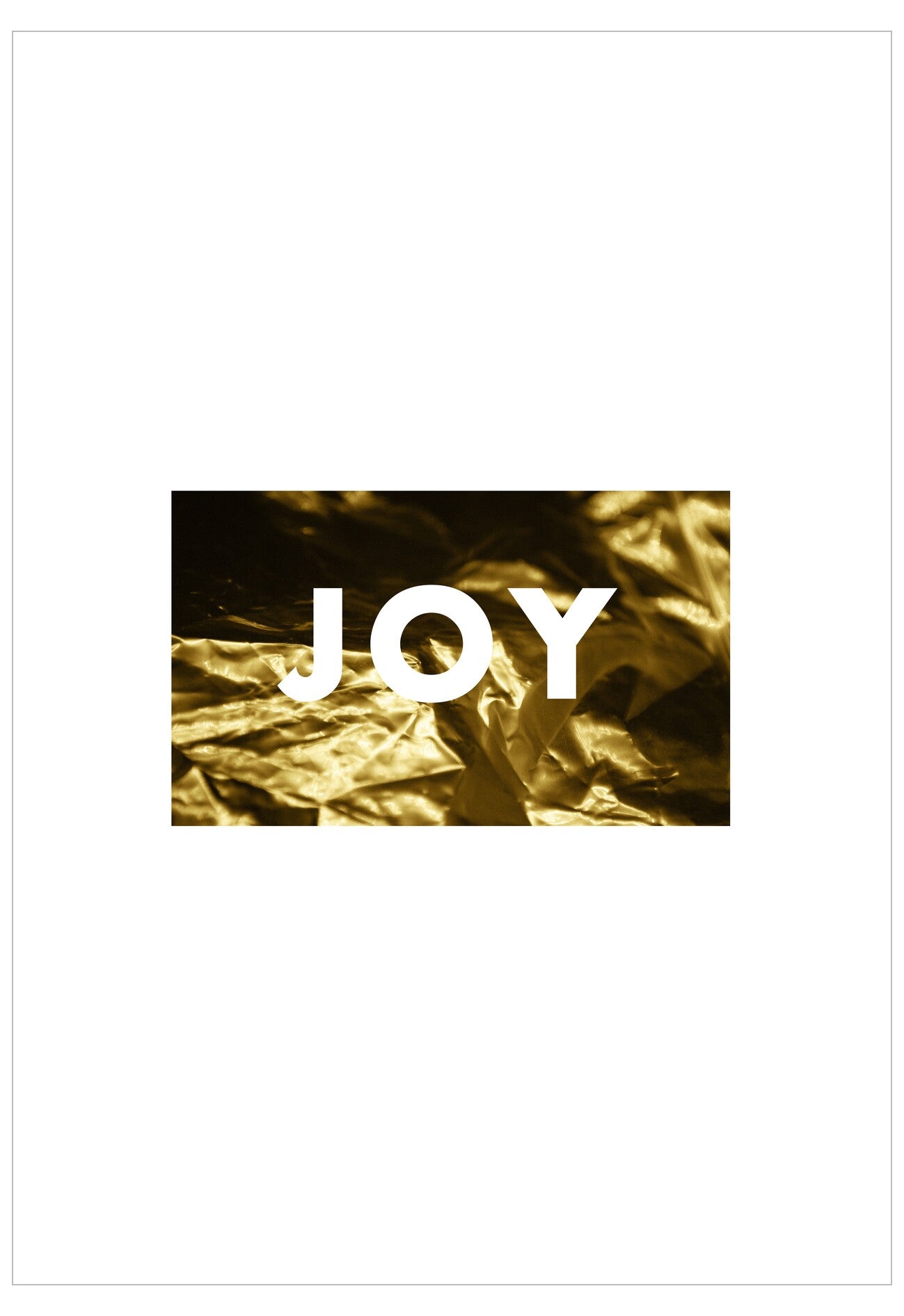 Text 'JOY' on a textured gold background with a white border