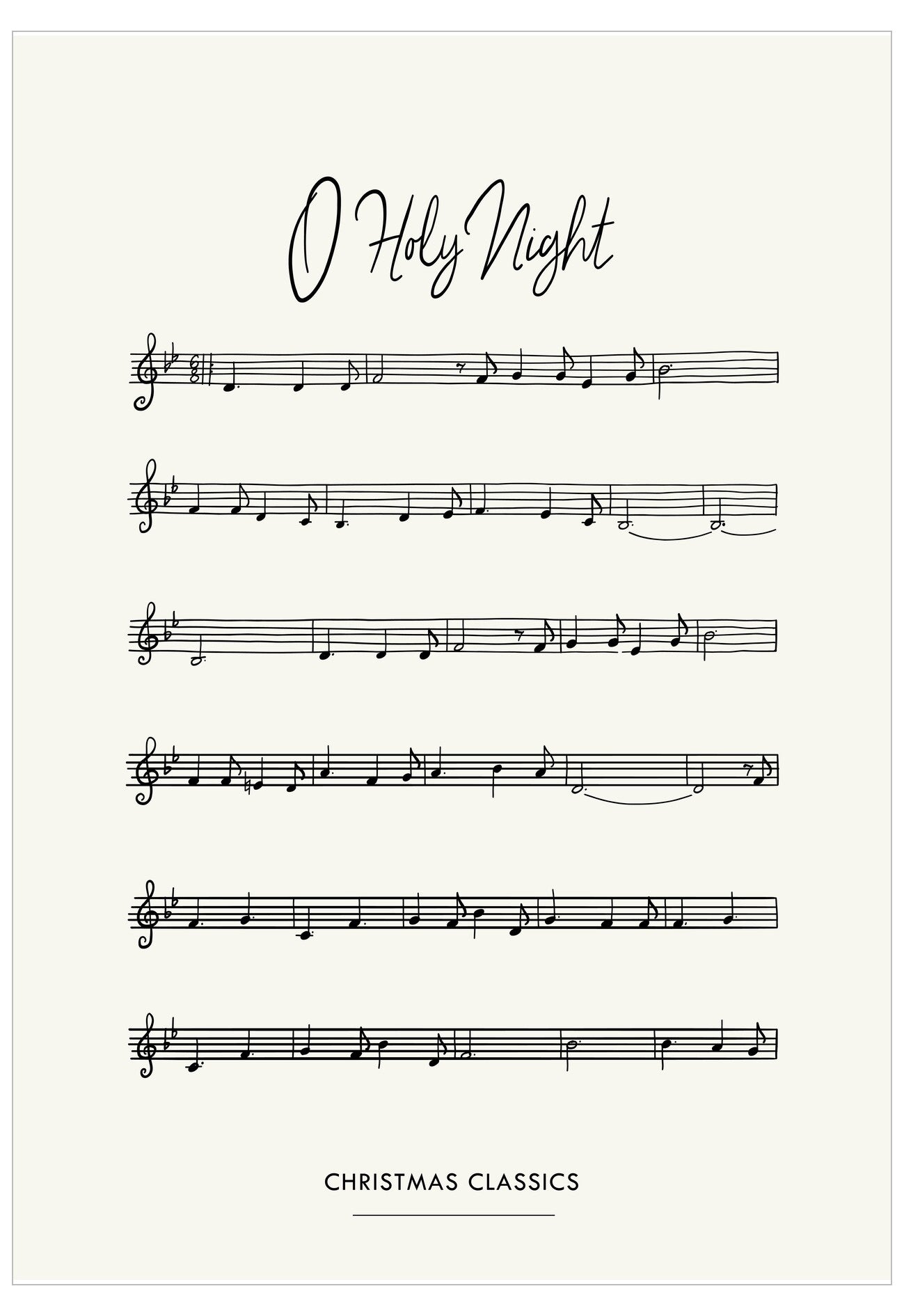 Sheet music for 'O Holy Night' with decorative text on a white background