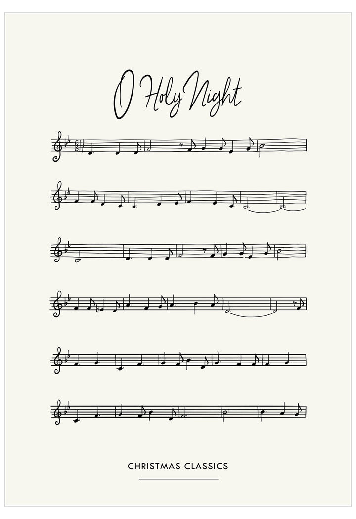 Sheet music for 'O Holy Night' with decorative text on a white background