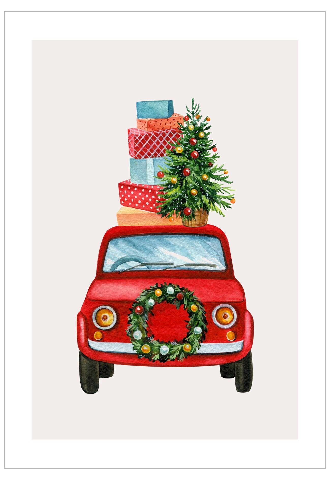 Red Christmas truck with wreath and tree on a white background
