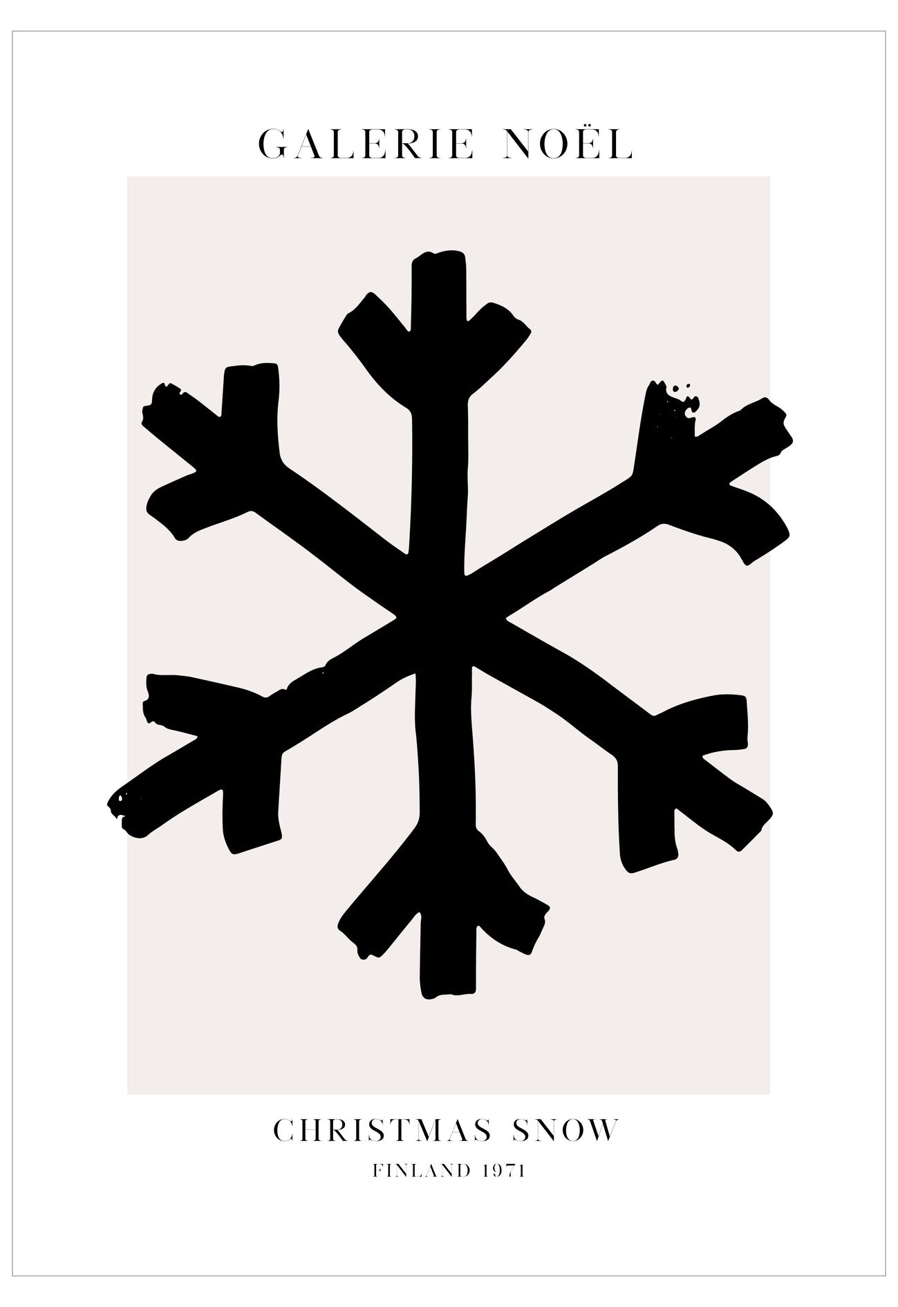 Black snowflake design on a white background with 'Galerie Noel' branding.