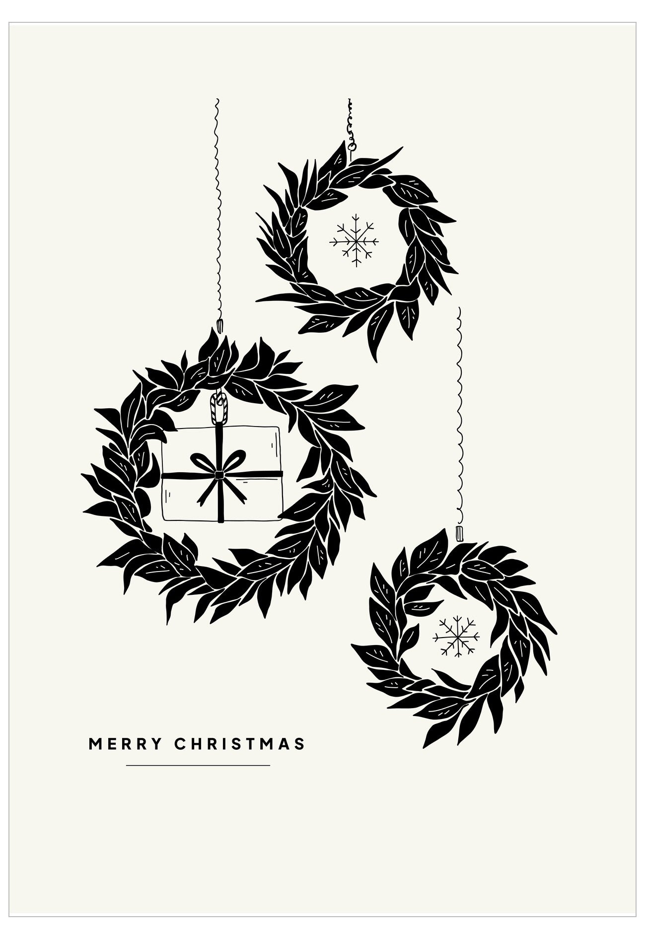 Black wreath and gift box illustrations with 'Merry Christmas' text on a white background