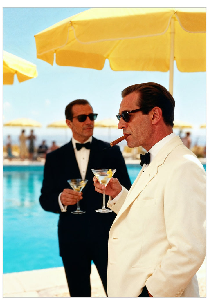 Two men in formal suits by a poolside with yellow umbrellas.
