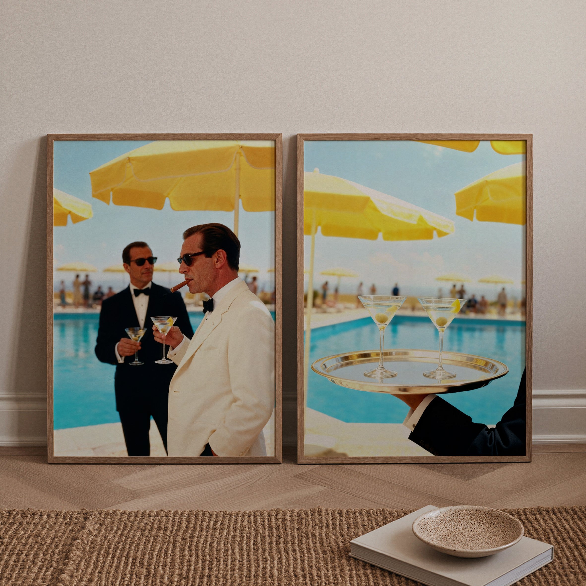 Two framed artworks of men by a poolside with yellow umbrellas.