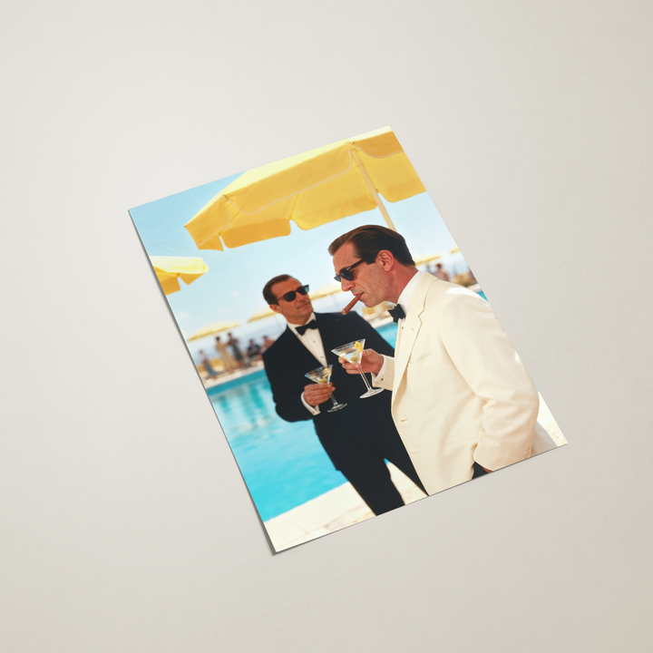 Greeting card with two men in formal attire by a pool on the cover