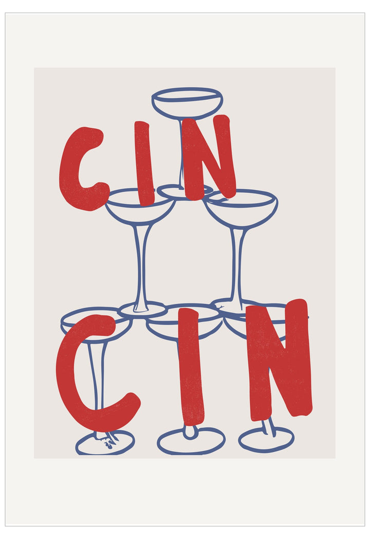 Design with 'CIN CIN' text and stylized glasses on a white background