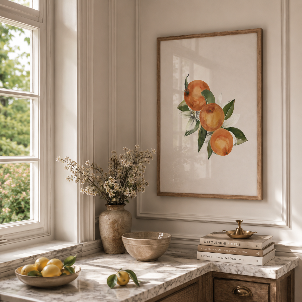Decorative interior with a framed artwork of oranges, a vase with flowers, and books on a marble surface.