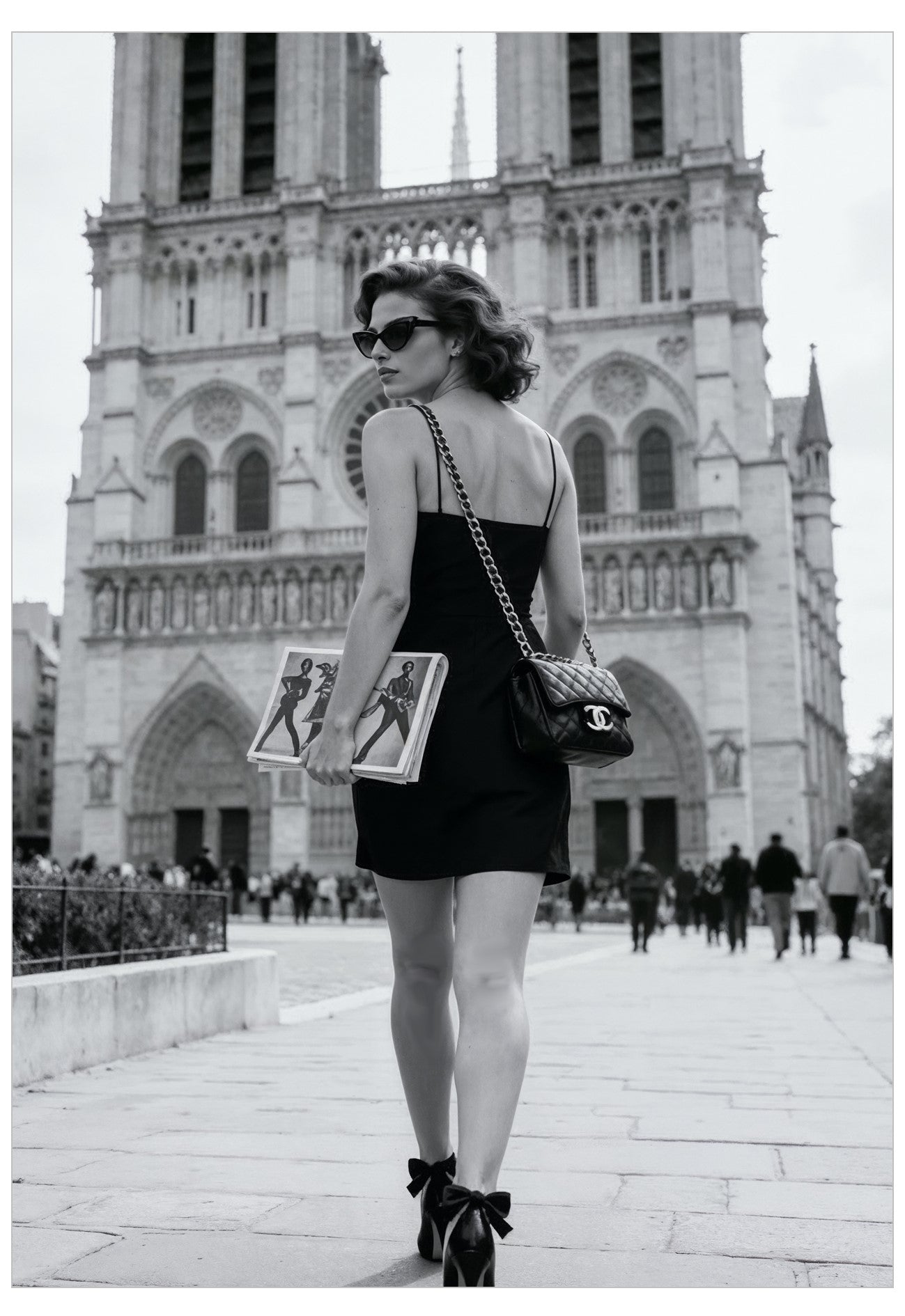 Woman in a black dress with a Chanel handbag in front of the Notre Dame cathedral.