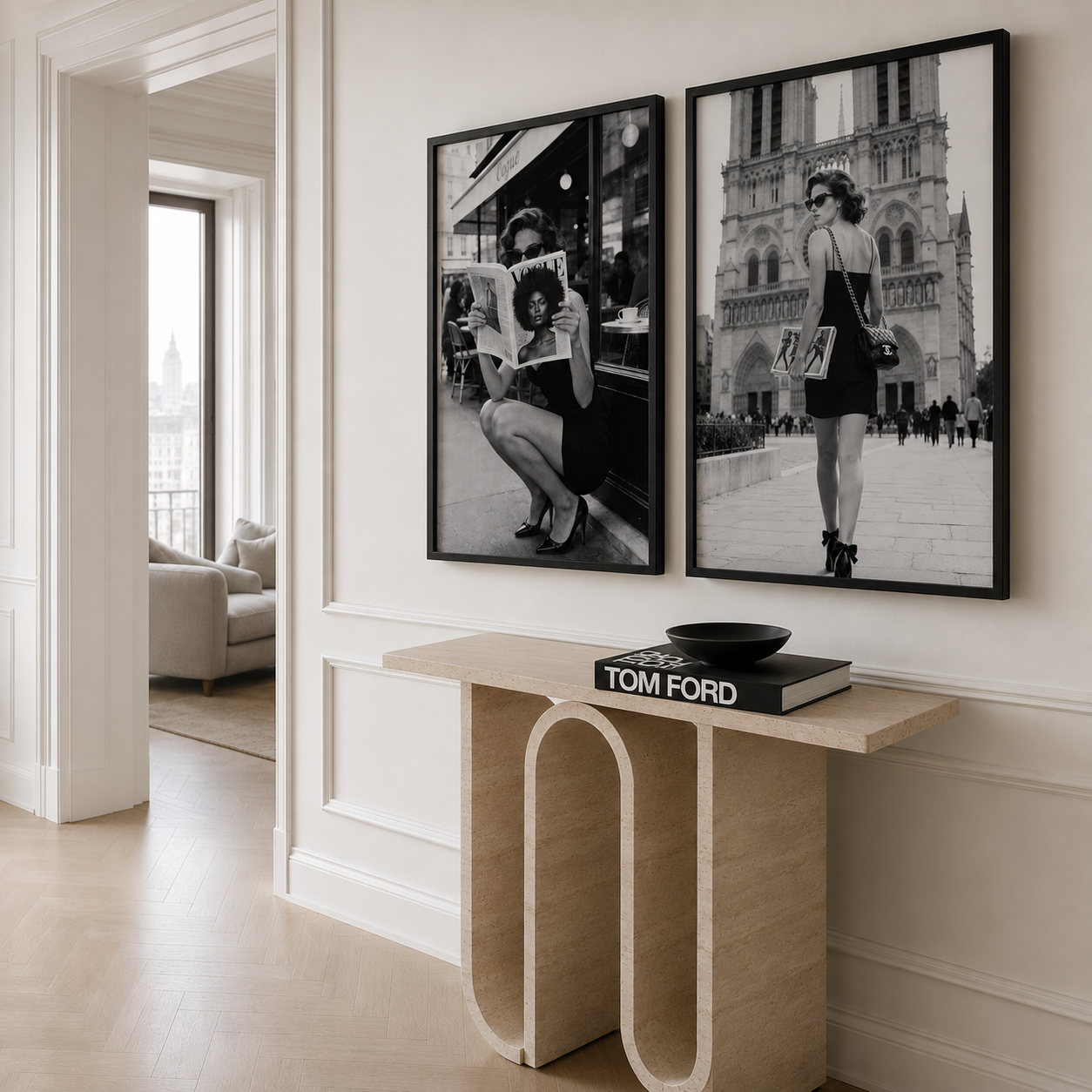 Stylish black and white fashion wall art in modern apartment