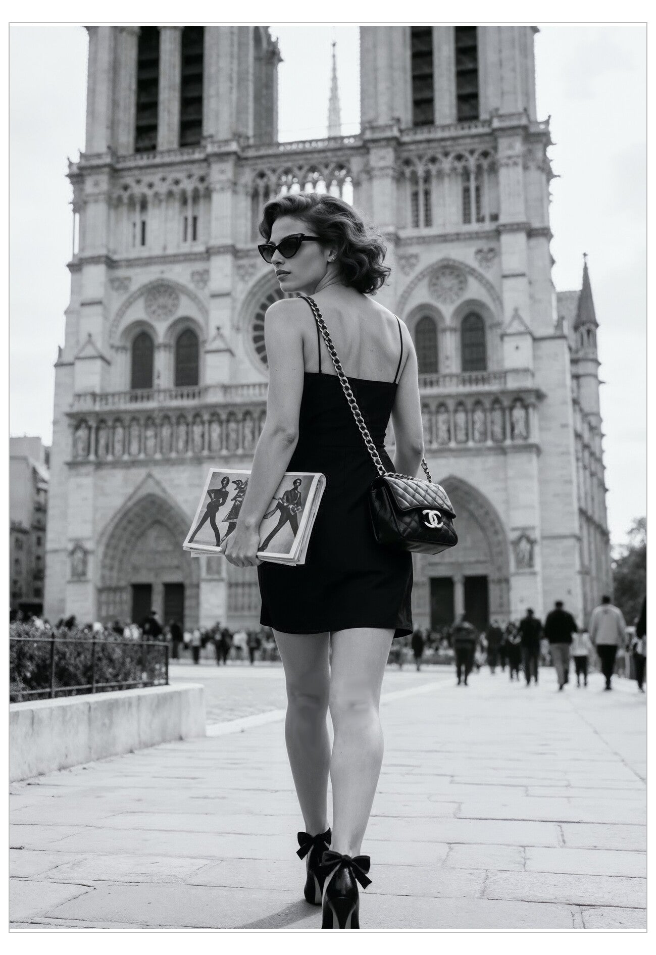 Woman in a black dress standing in front of a large cathedral with a Chanel handbag.