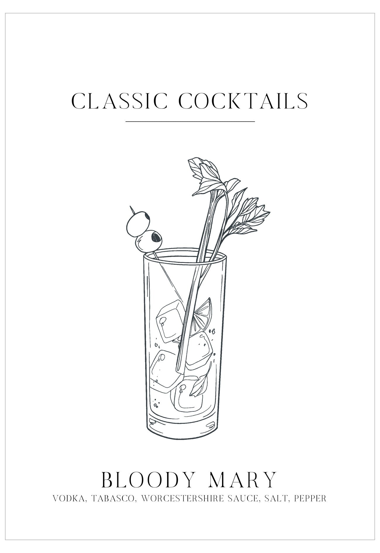 Illustration of a Bloody Mary cocktail with ingredients listed on a white background.