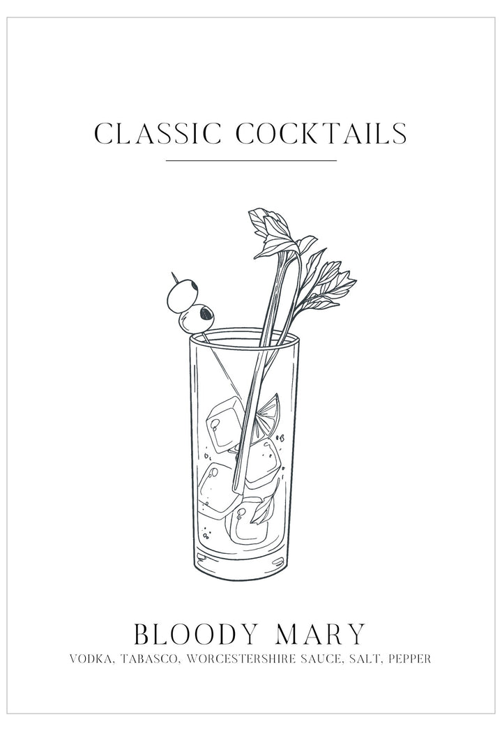 Illustration of a Bloody Mary cocktail with ingredients listed on a white background.