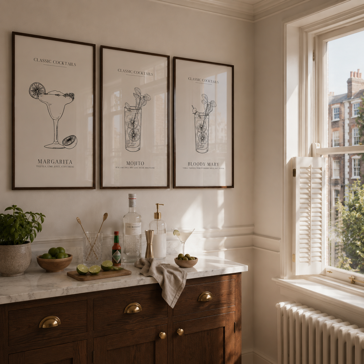 classic cocktail wall art in london kitchen