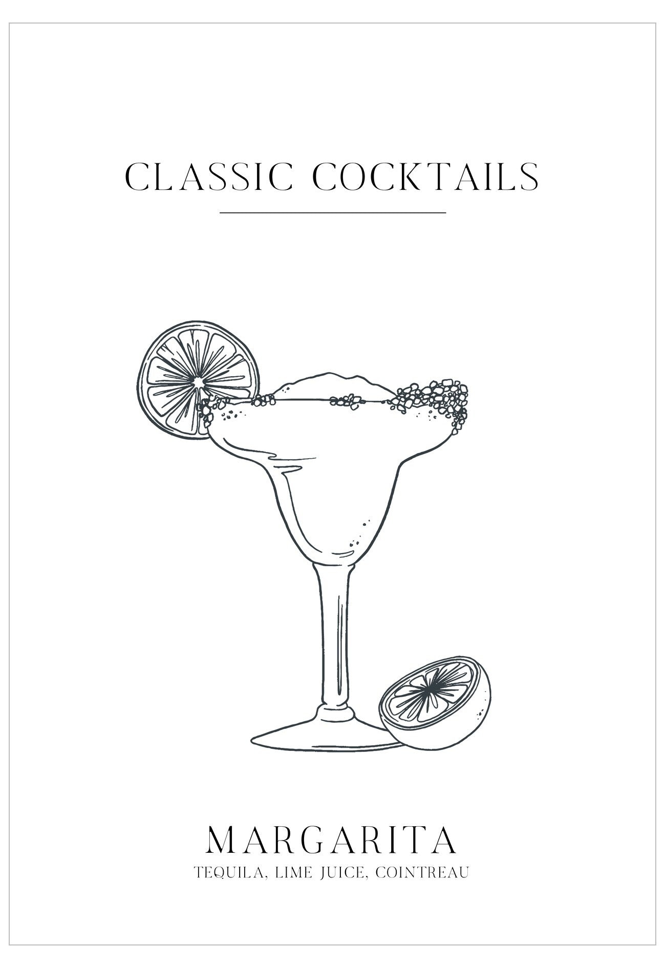 Illustration of a margarita cocktail with text 'Classic Cocktails' and 'Margarita' on a white background.