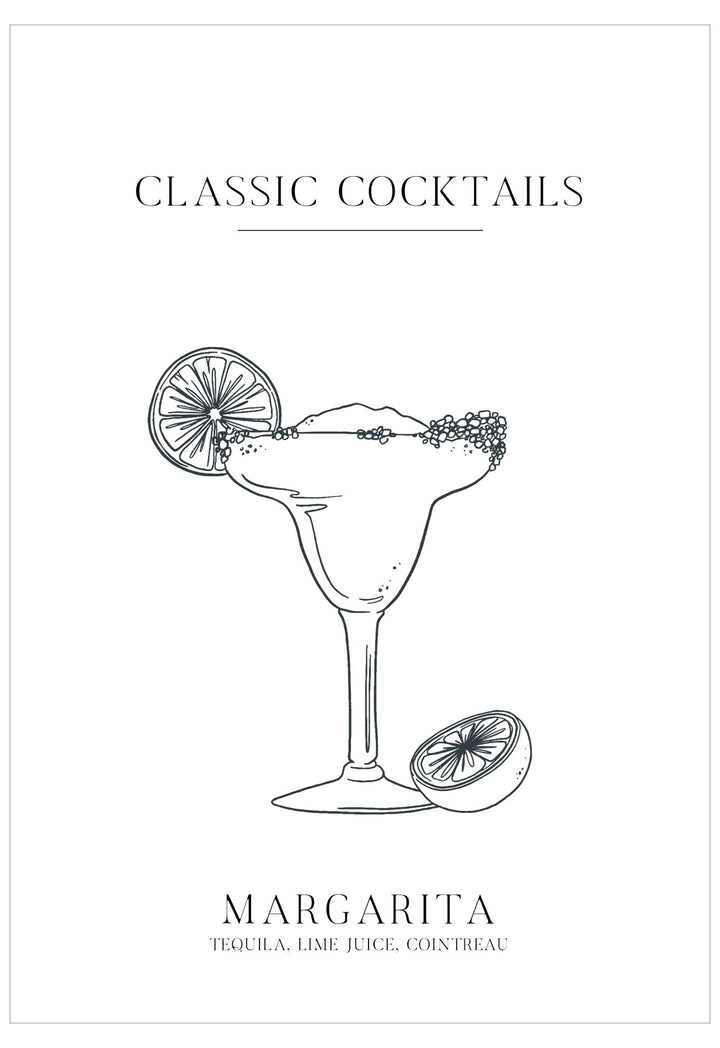 Illustration of a margarita cocktail with text 'Classic Cocktails' and 'Margarita' on a white background.