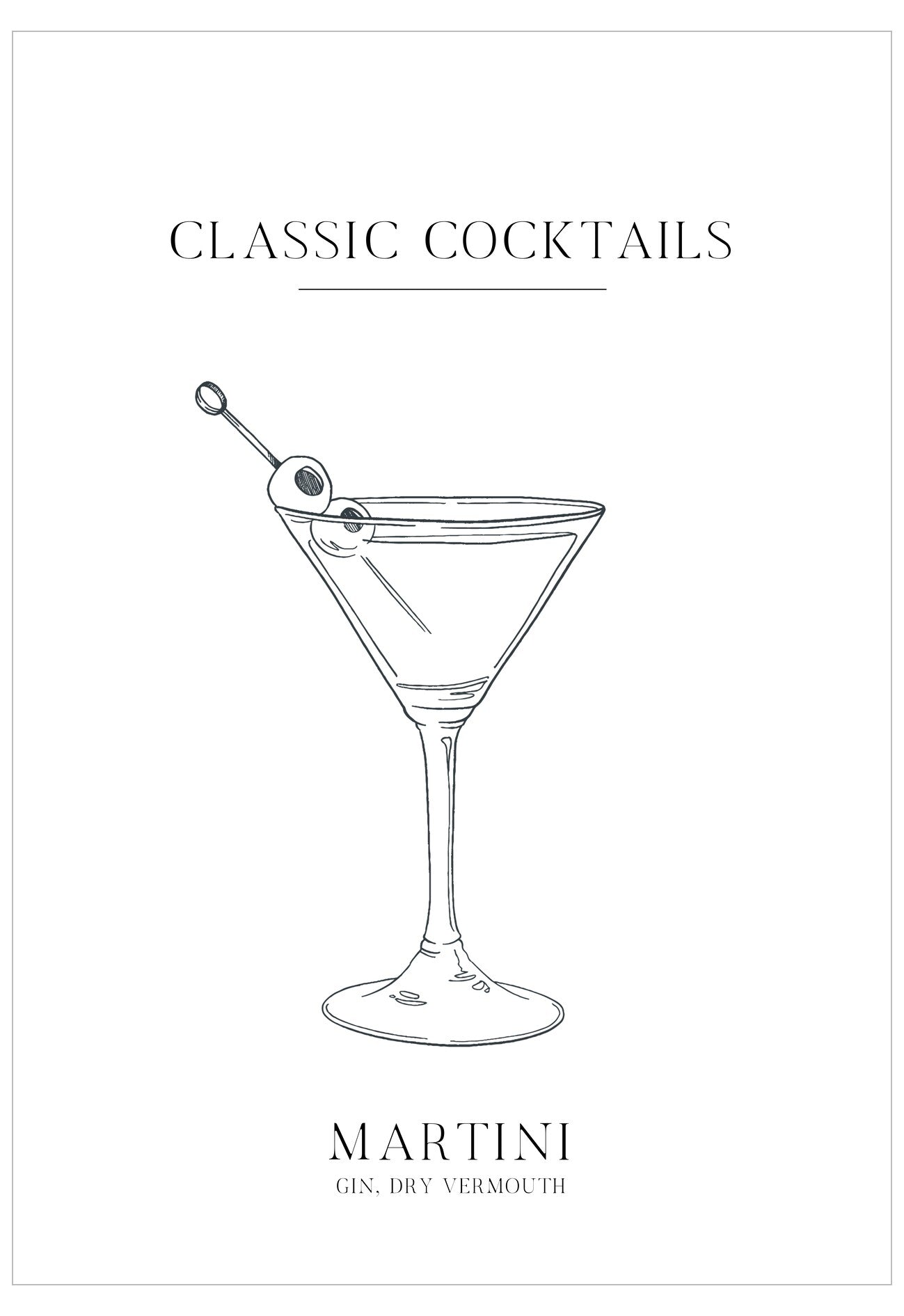 Line drawing of a martini glass with a olive on a white background, labeled 'Classic Cocktails'.