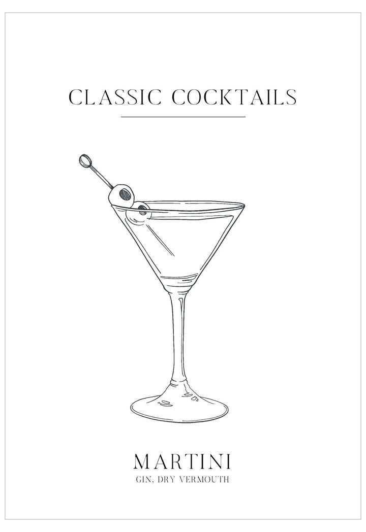 Line drawing of a martini glass with a olive on a white background, labeled 'Classic Cocktails'.