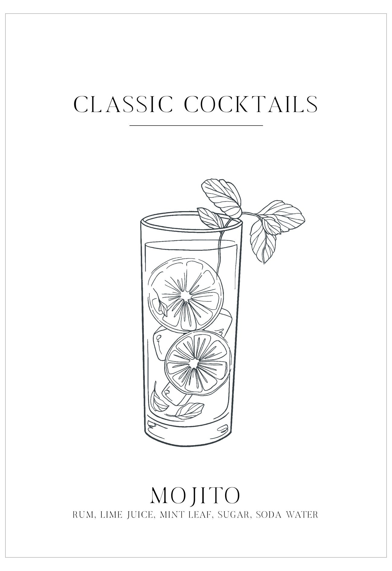Line drawing of a mojito cocktail with lime slices and mint leaves on a white background.