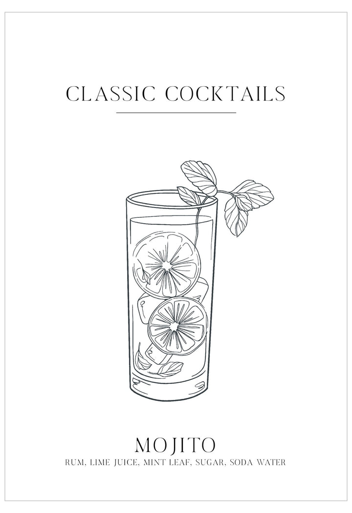 Line drawing of a mojito cocktail with lime slices and mint leaves on a white background.