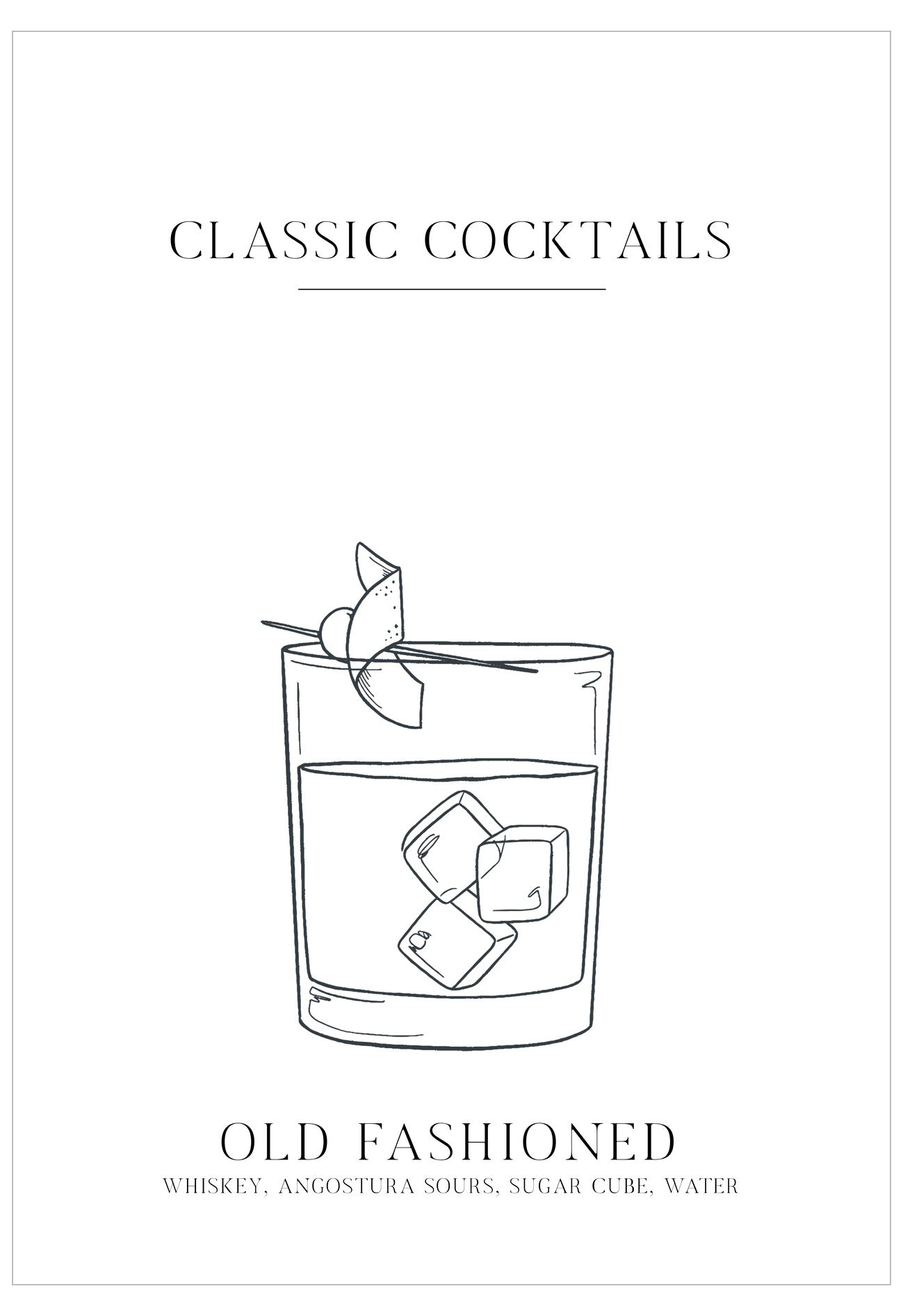 Illustration of an old fashioned cocktail with text on a white background