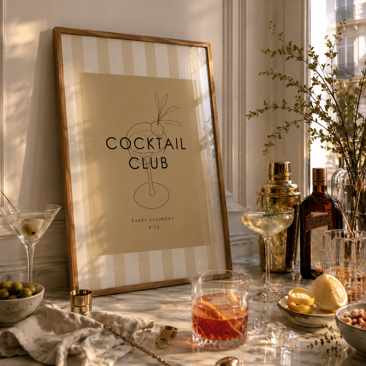 Cocktail-making setup with 'Cocktail Club' poster, bottles, and glasses on a table.