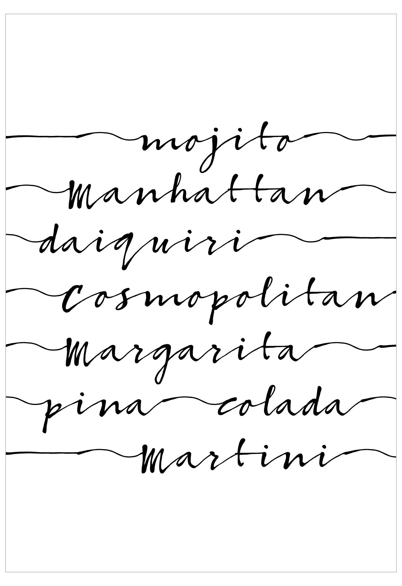 List of cocktail names in cursive on a white background