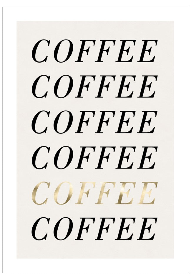 Repetition of the word 'COFFEE' in black and gold on a white background