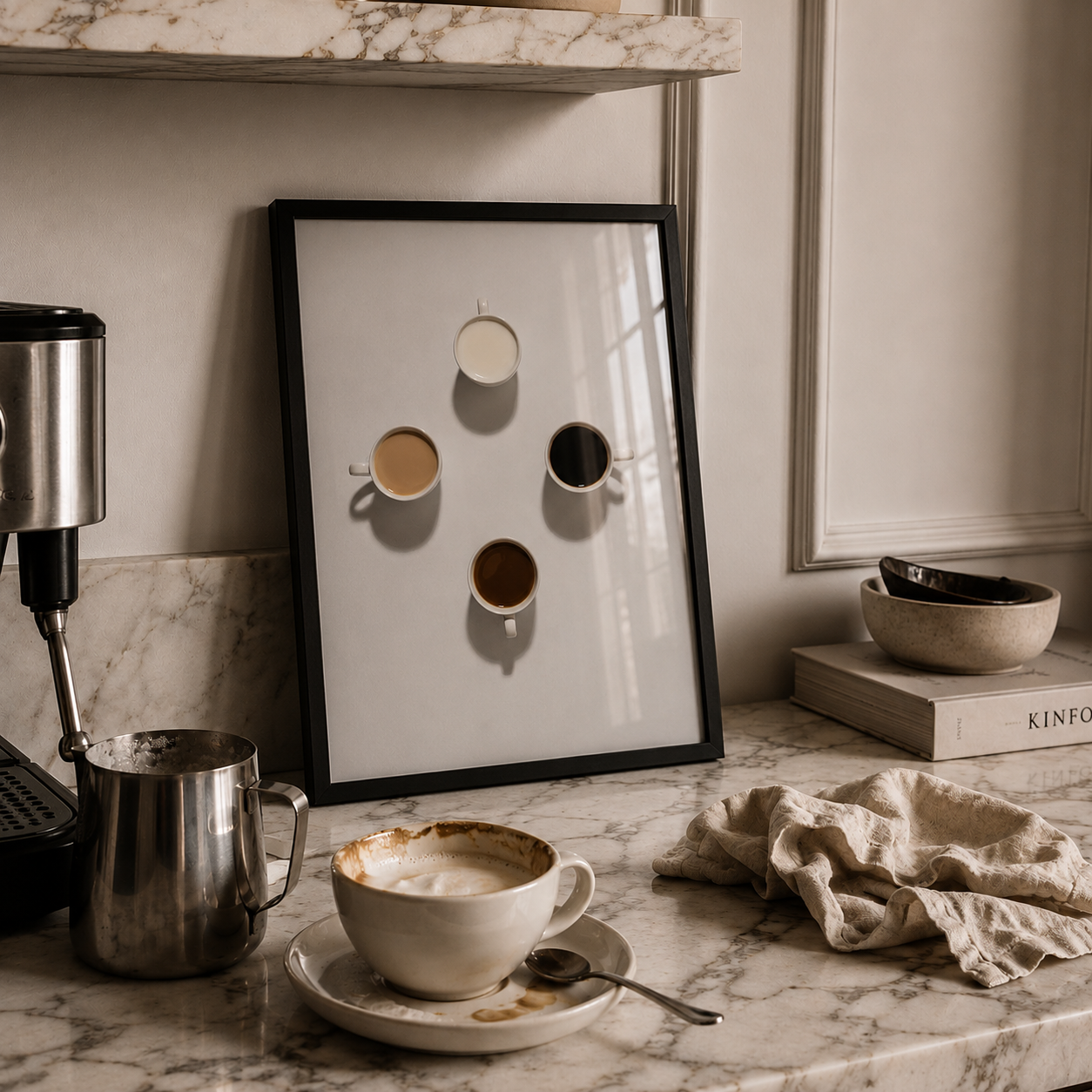 Coffee setup with a cup, milk pitcher, and framed art on a marble countertop.