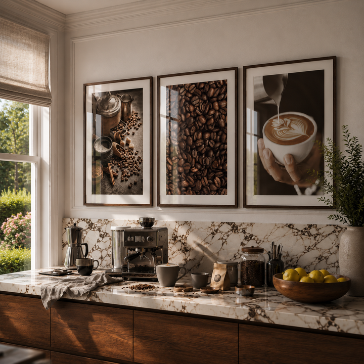 Modern kitchen with coffee-themed decor and appliances.