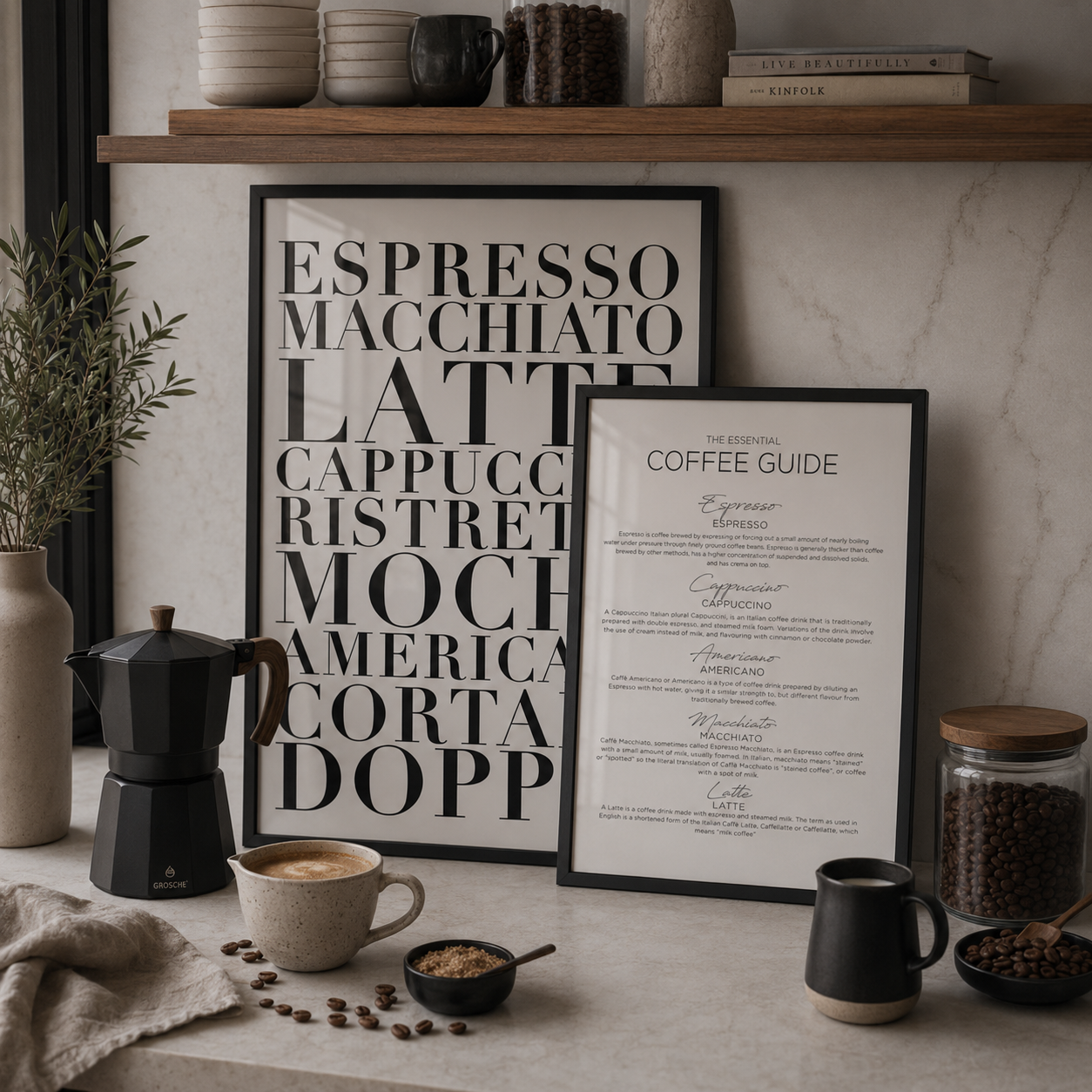 Coffee-themed decor with coffee guide and espresso machine on a marble surface.