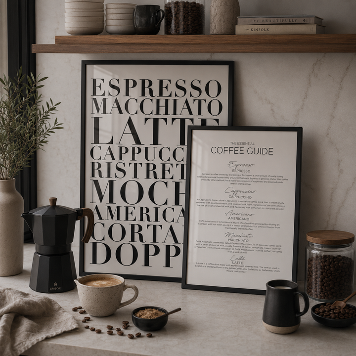 Coffee-themed decor with coffee guide and espresso machine on a marble surface.