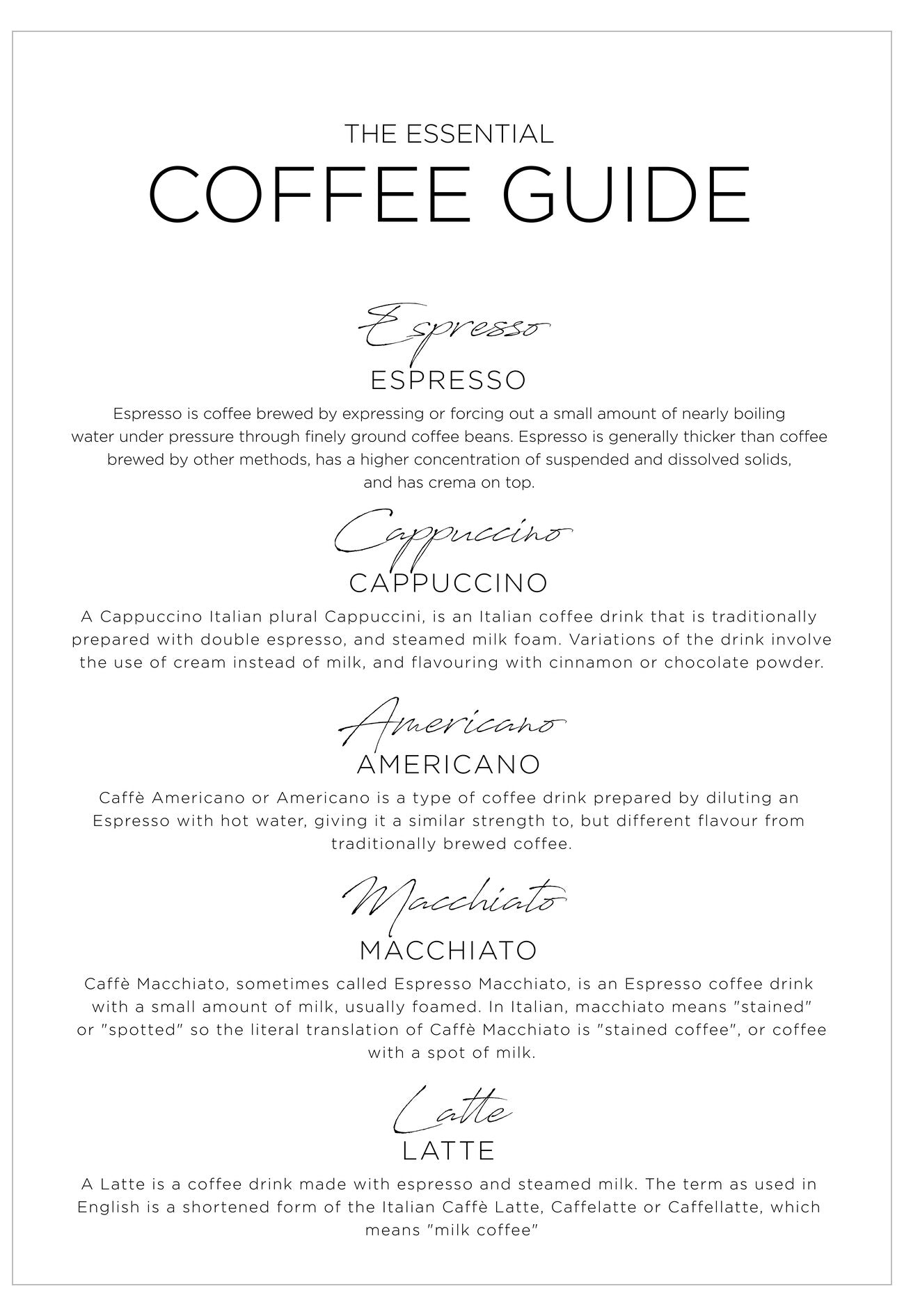 Coffee guide with definitions of various coffee drinks on a white background