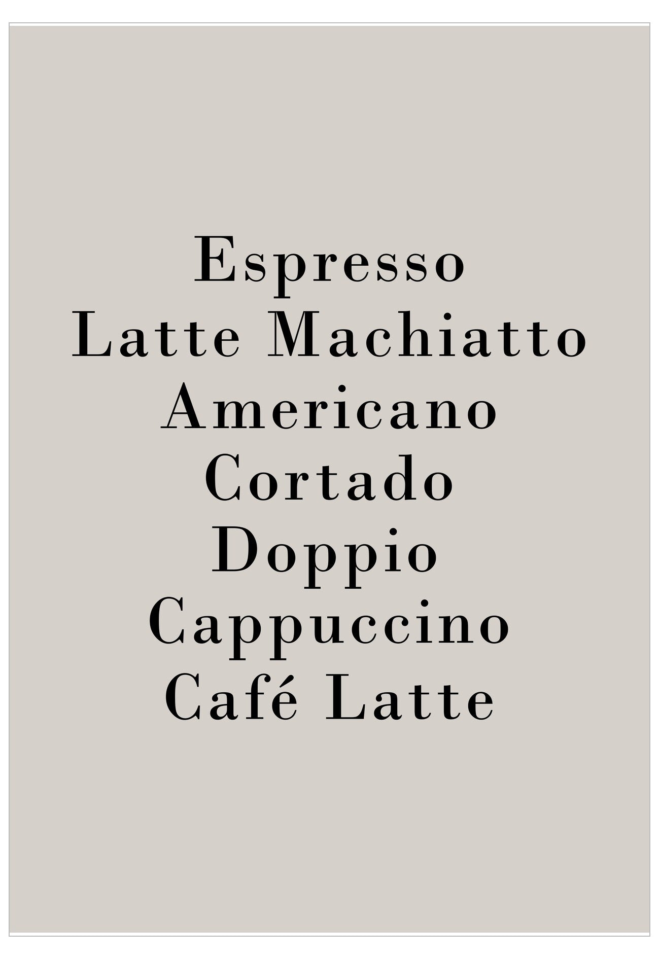 List of coffee types on a beige background