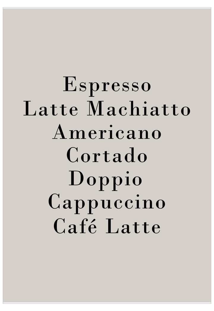 List of coffee types on a beige background