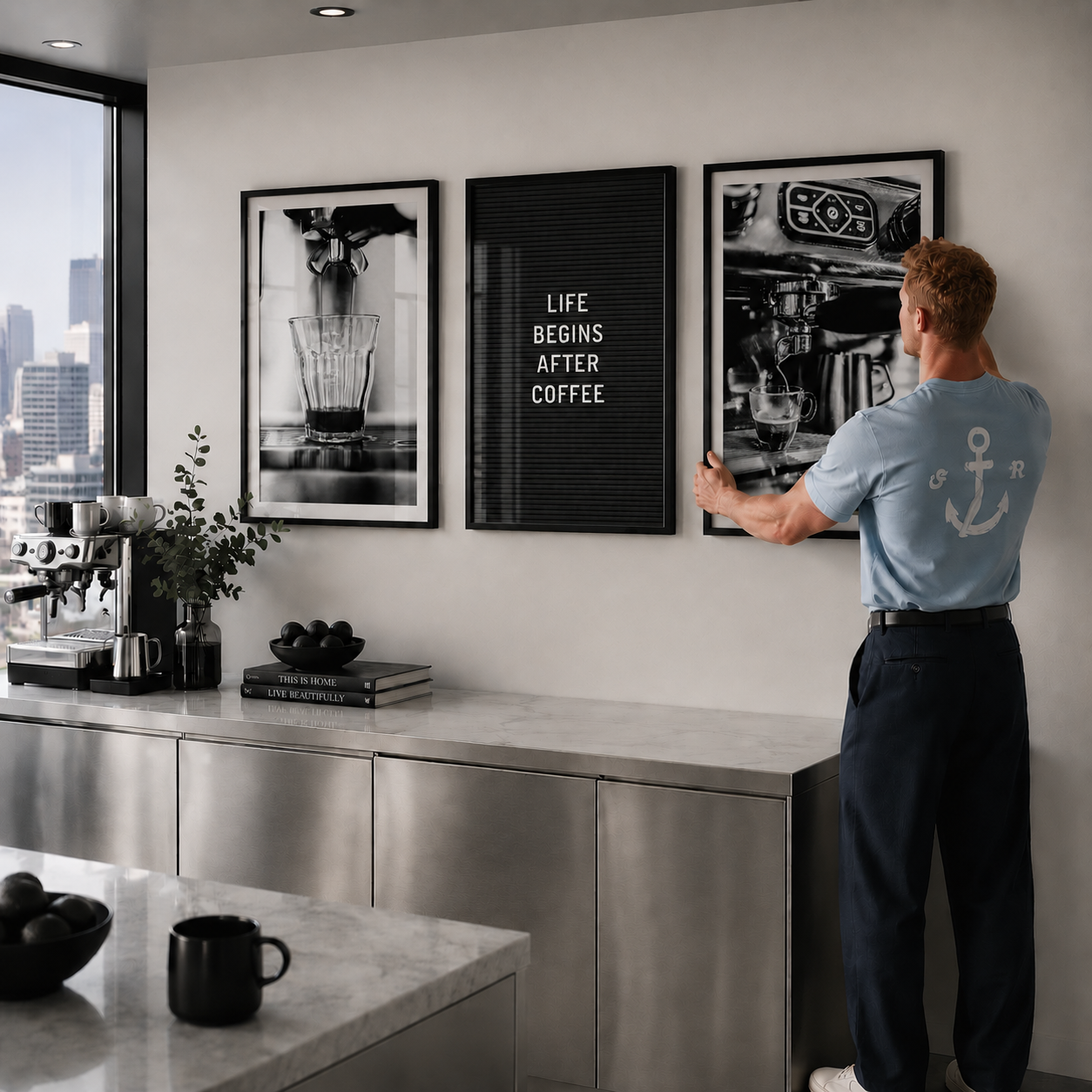 Coffee wall art in stylish apartment in San Francisco