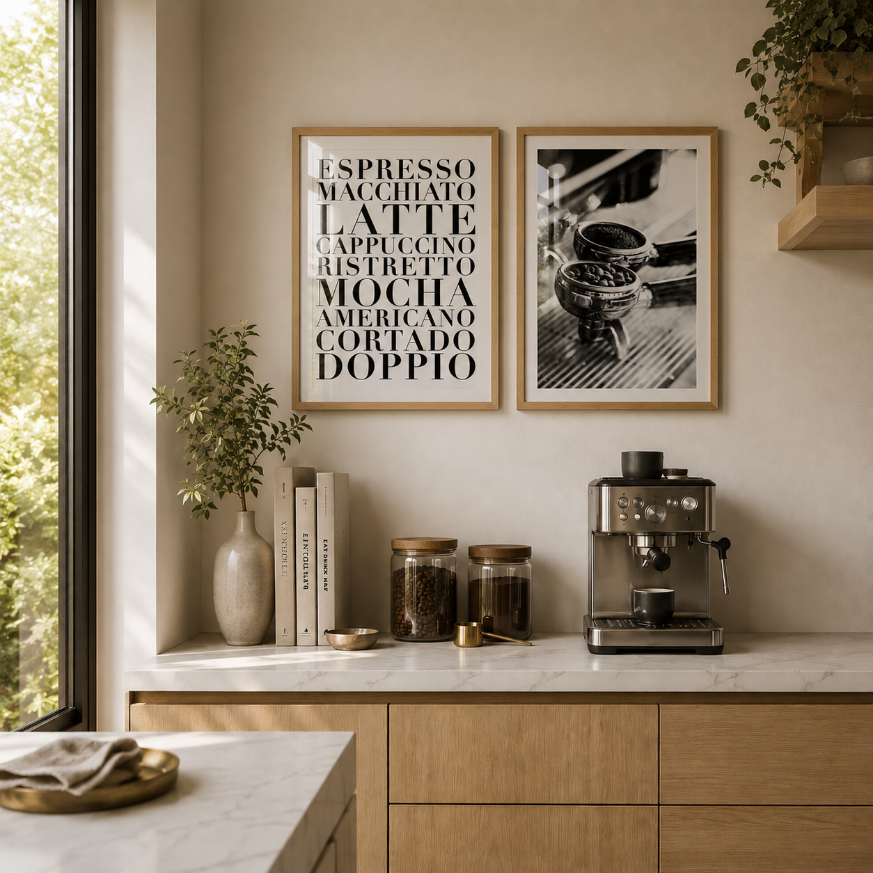 Modern kitchen with coffee machine, framed pictures, and books on a countertop.