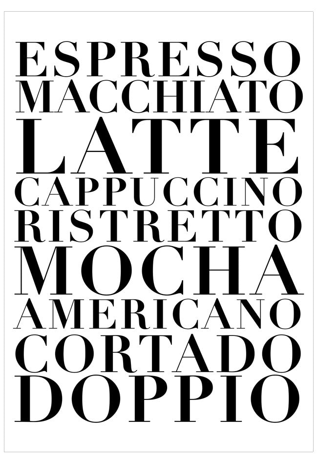 List of coffee types in various fonts on a white background