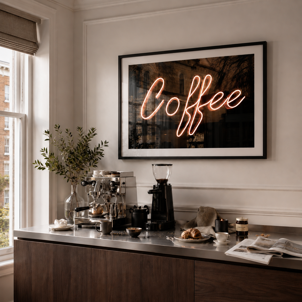 Neon 'Coffee' sign above a coffee station with coffee-making equipment and a window view.