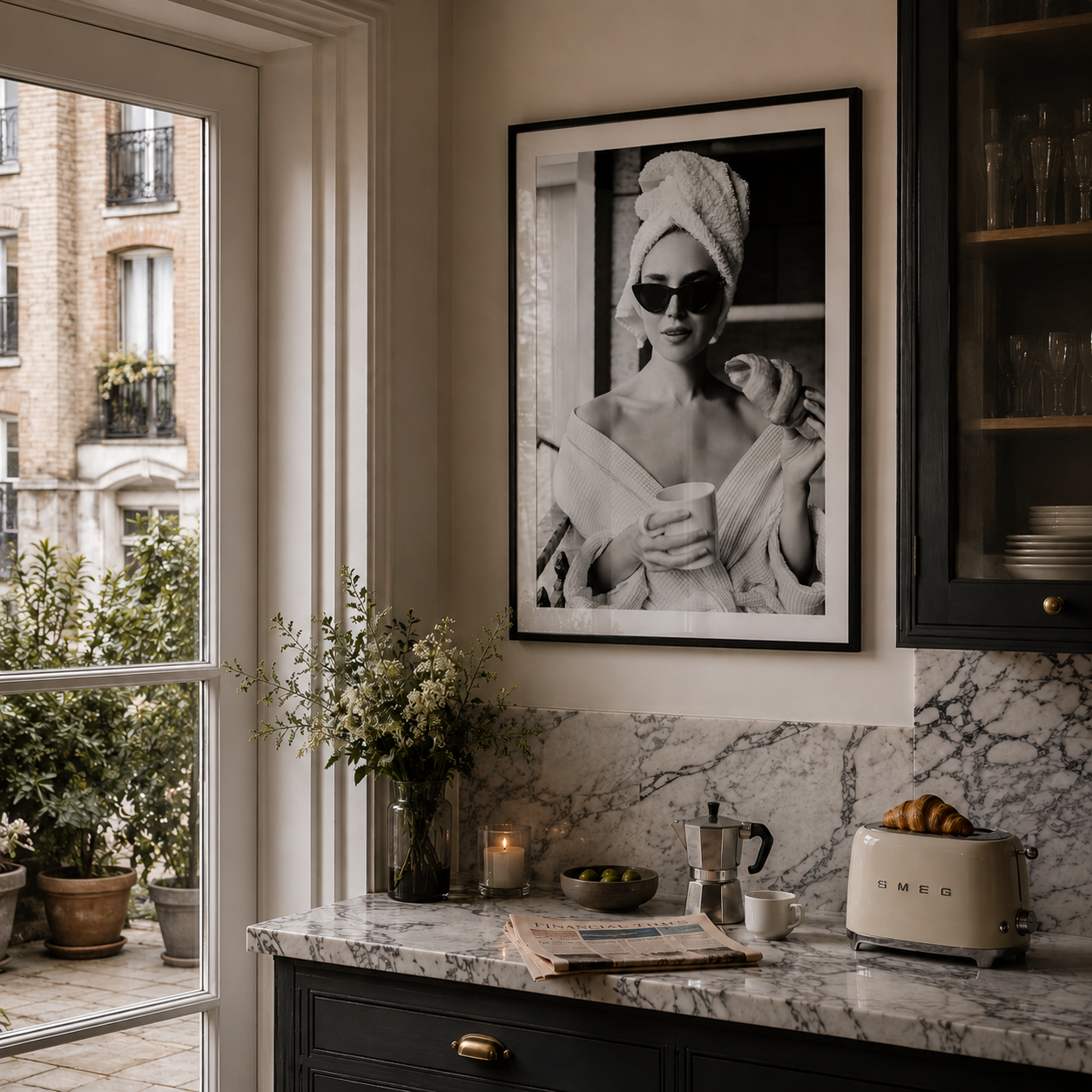 Kitchen interior with a framed black and white portrait on the wall, marble countertop, and window view.