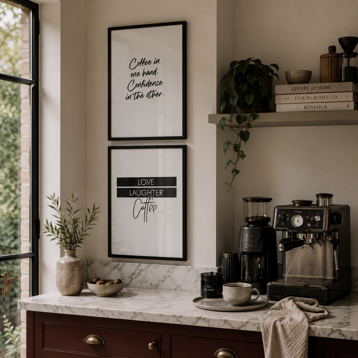 Kitchen counter with coffee machine, cups, and framed quotes on a wall.